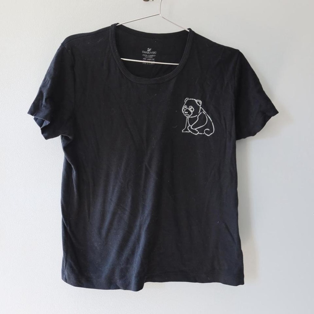 Black Swarovski baby tee with white‎ cotton bear design Y2k